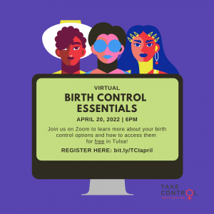 Image of a computer screen with three figures with text reading "Virtual Birth Control Essentials"